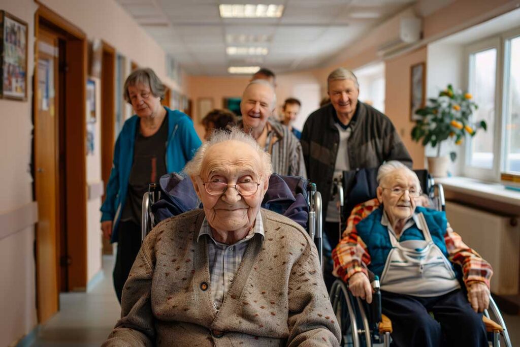 Caregiver speaking respectfully with an older resident in a bright assisted living common area.